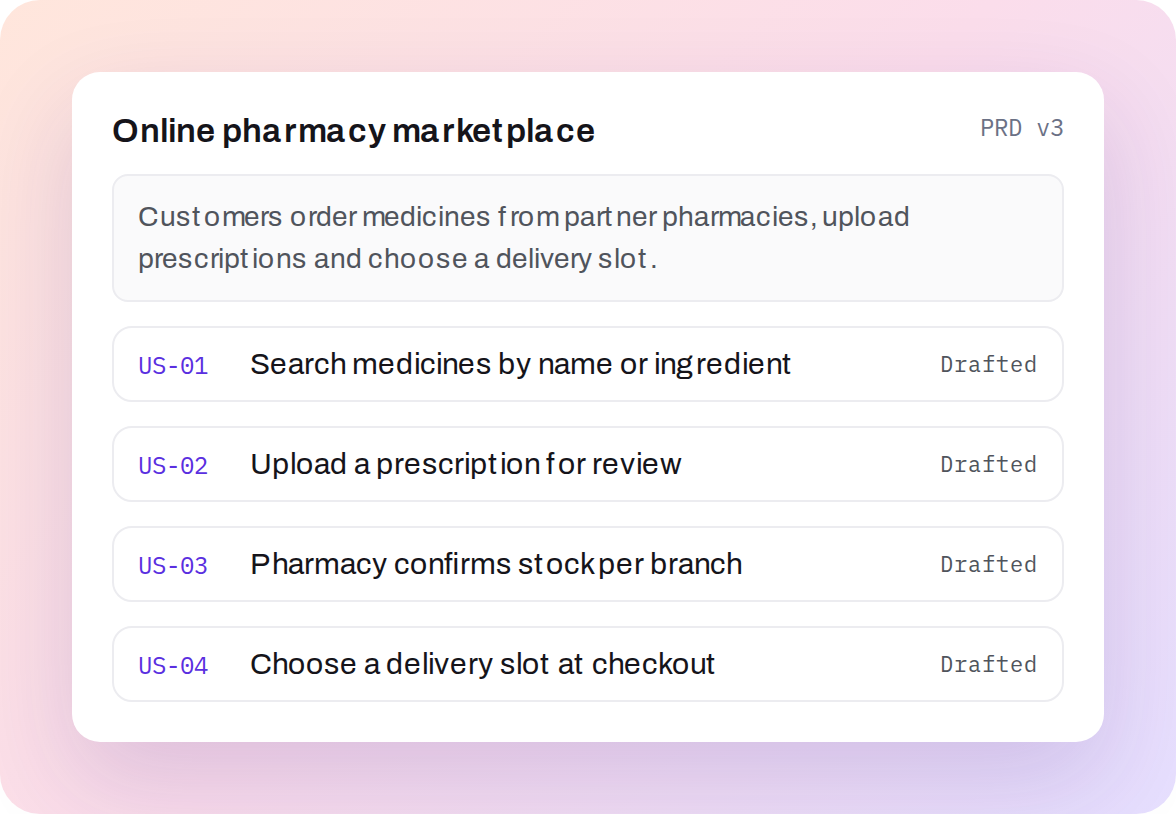 PRD for an online pharmacy marketplace drafted into user stories